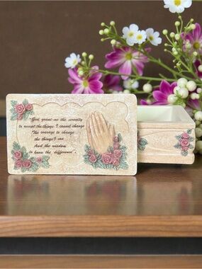 Vintage Resin Serenity Prayer Trinket Music Box Decorated w/ Roses Praying Hands